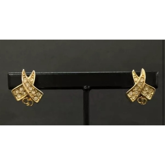 DIOR Logo CD Pierced Earrings Rhinestone Accent Gold - Picture 1 of 10